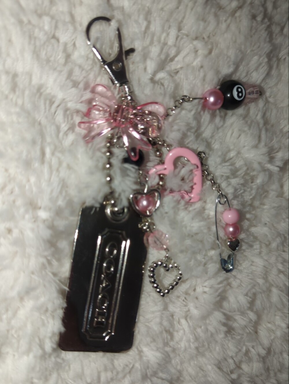 Coach Large Silver Hangtag With Pink Bow Hearts Embellishment Bag Charm Girly